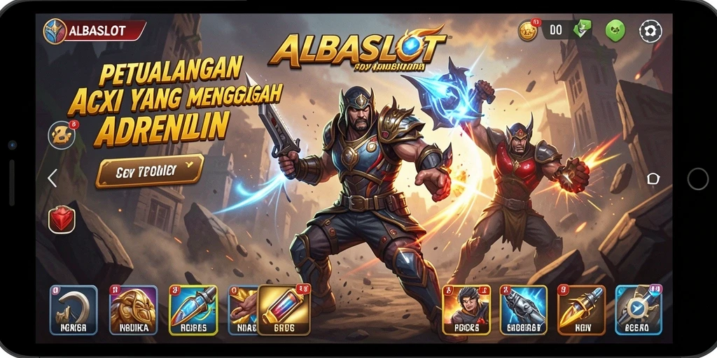 Screenshot utama ALBASLOT menampilkan aksi pertarungan yang intens.
