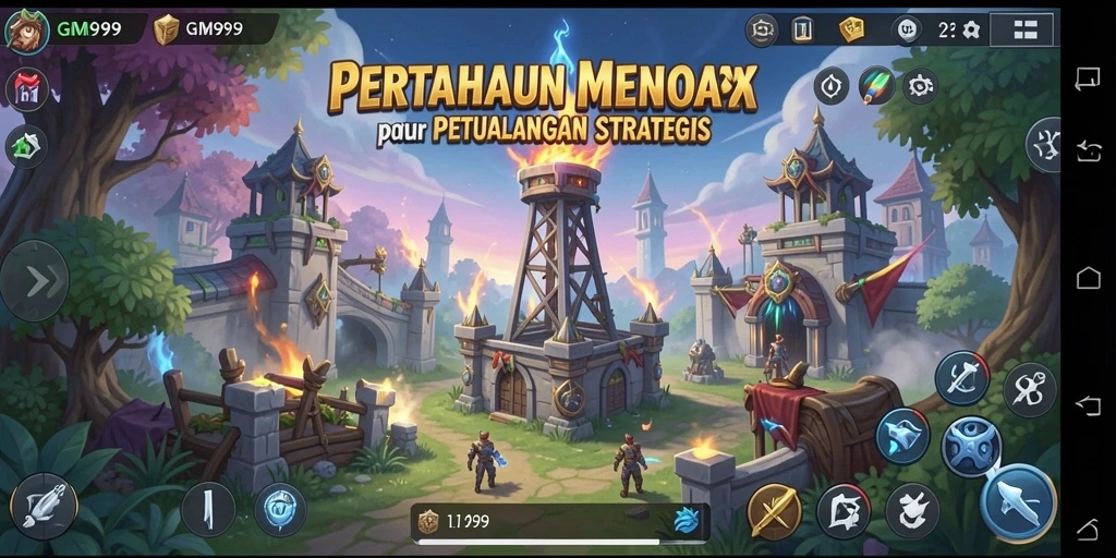 Tampilan menara pertahanan yang megah di GIM999 saat menghadapi gelombang musuh.