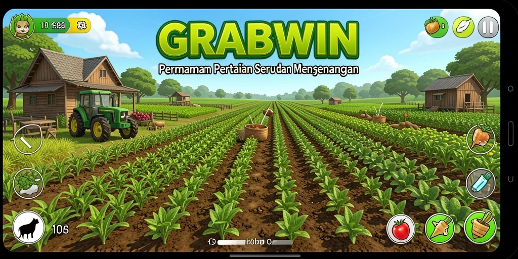 Tampilan gameplay <strong>GRABWIN</strong> yang menggambarkan pertanian yang aktif dan menyenangkan.
