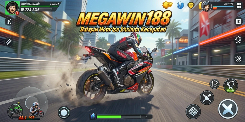 Tangkapan layar gameplay seru dari MEGAWIN188 dengan motor balap.