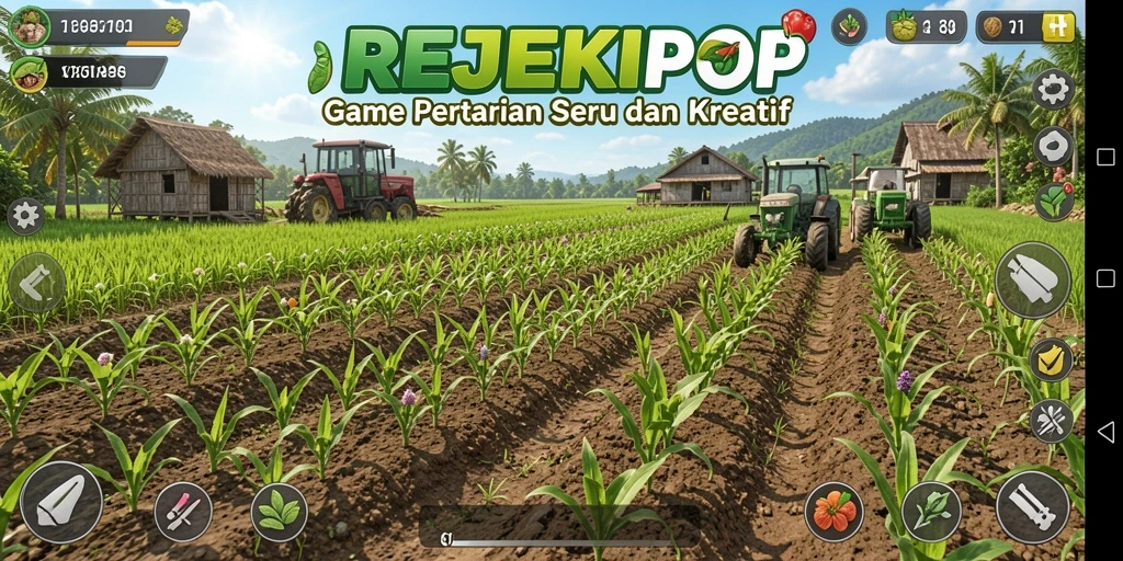 Tampilan gameplay REJEKIPOP dengan ladang yang subur dan interaksi petani.