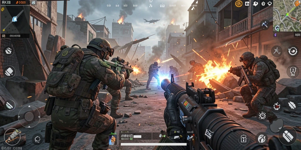 Tampilan dinamis gameplay RK88 dalam pertempuran FPS.