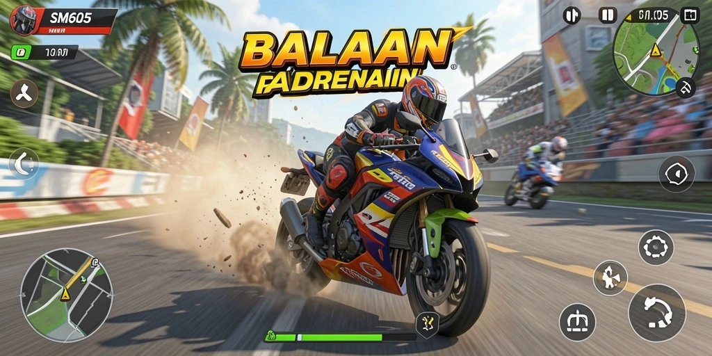 Screenshot gameplay SM605 menampilkan balapan motor yang intens.