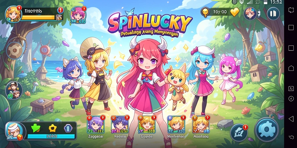 Tampilan gameplay <strong>SPINLUCKY</strong> yang penuh warna dan aksi karakter Anime.